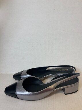 Veronica Beard Cecile Leather Slingback Pumps 10.5 Silver Black Cap Toe Low Heel